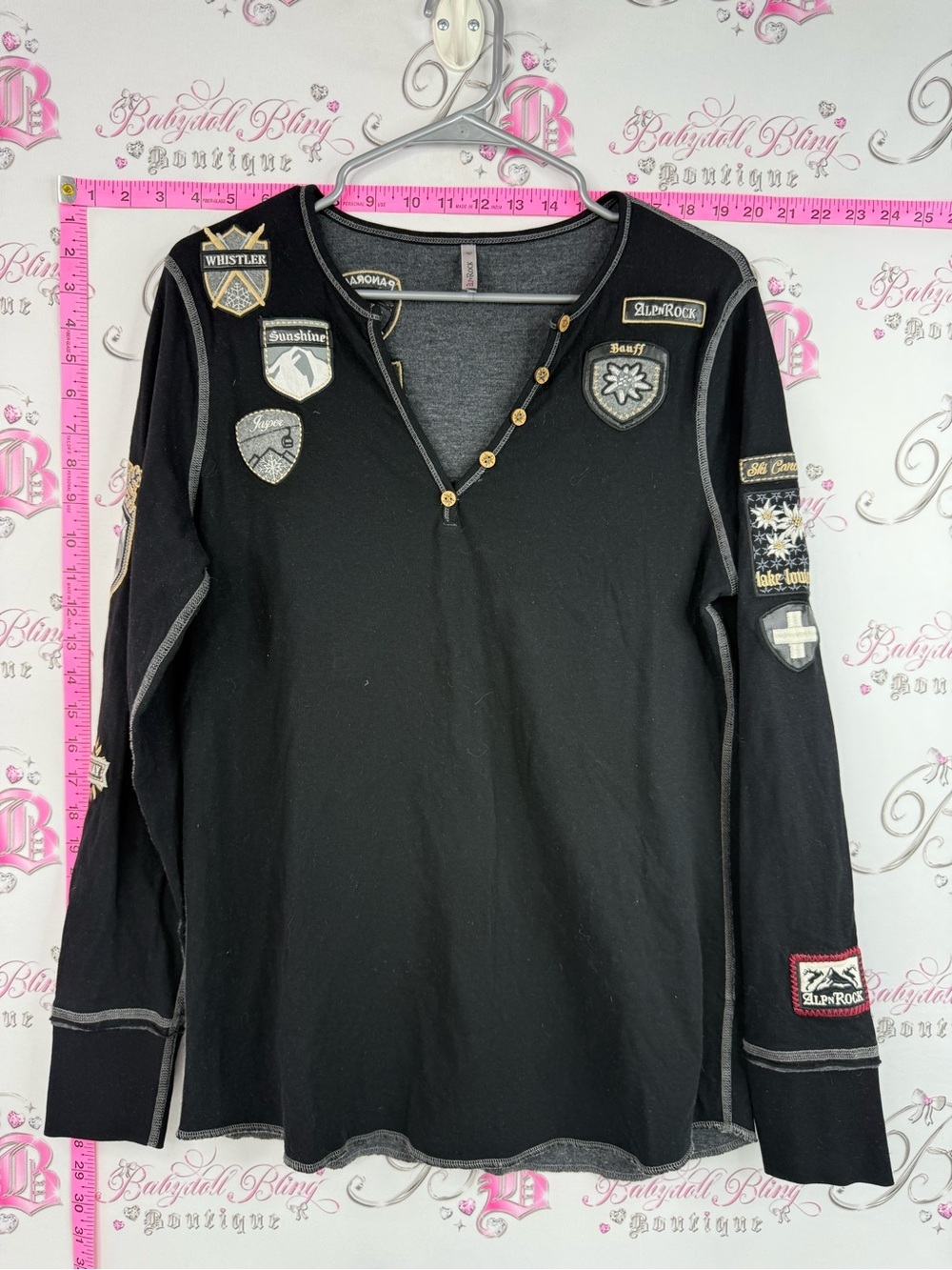 Alp N Rock long sleeve shirt Black Patch Embellished ski Henley Gold Accents